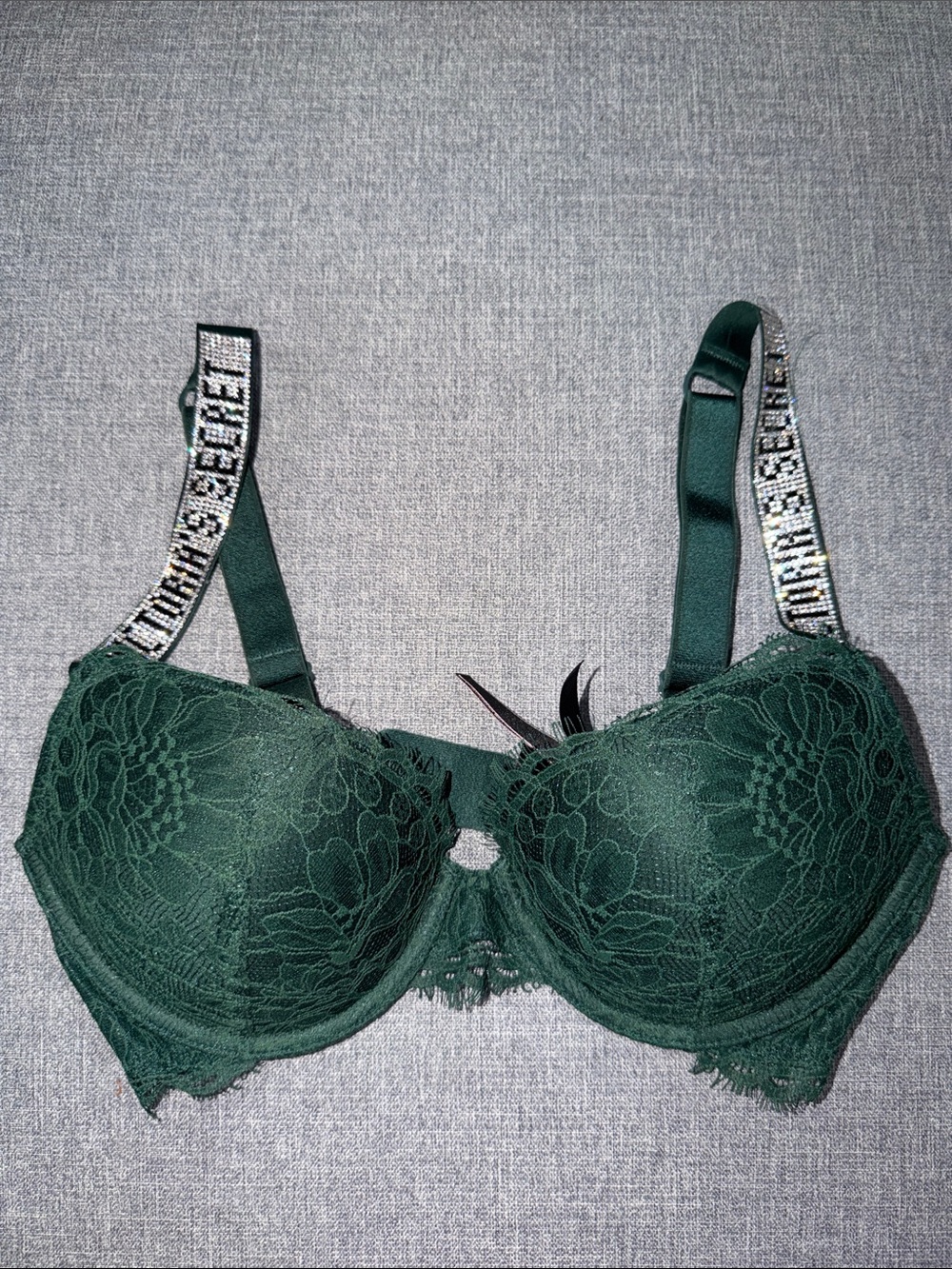 Victoria’ Secret Dark Green Lace Underwire Bra with Embellished Straps-34c